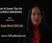 www.10PlusBrand.com (408) 337-2318email:info@10PlusBrand.comnHere are the top 3 best Super Bowl Ads in 2020, based on the criteria of two words: Trust and Competence, in MY opinion, and strictly from the point of helping a business get their business’ unique value propositions across to the hearts and souls of their target audience. Counting down 3 - 2 - 1 to my personal winner:nn 3) New York Life Insurance’s (60”): nIt is a “teaching” type of ad, explaining four Ancient Greek word