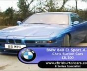 This beautiful, rare Estoril Blue BMW 840 Ci 4.4 V8 is for Sale for just £8,300.nThis 8 Series was built in 1997 and is registered on a private plate, having done 103,275 miles. The car comes with: n• Black leather Sport interior, electric seats in superb condition n• Main Dealer and Independents service history n• M tech body kit with nose cone, rear splitter and Mirrors n• Air conditioning, cruise control, Power Assisted Steering, Limited Slip Different