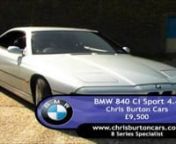 This BMW 840 Ci 4.4 V8 for Sale is one of the last 840’s ever made.nThis Silver 8 Series was built in 1999 and is registered on a V plate, having done 99,104 miles. The car comes with: n• Main Dealer and Independents service historyn• M tech body kit with nose cone, rear splitter and Mirrorsn• Black leather Sport interior, electric seats in superb condition n• Air conditioning, cruise control, Power Assisted Steering, Limited Slip Differential and Tip Tr