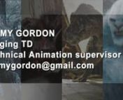 Hi all. My name is Jimmy Gordon, I&#39;m a Rigging and Technical Animation supervisor at Rythym &amp; Hues.Here&#39;s a sampling of work I&#39;ve been involved in since about 2008.I&#39;ve spent the last 5 years working a lot with muscle and skin systems, but beyond that, I&#39;ve supervised about 1500+ shots for technical animation.To see a list of the films I&#39;ve worked on, check my IMDB page here - http://www.imdb.com/name/nm2279679/nnThanks for viewing my work!If you have any questions feel free to email