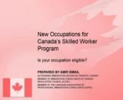Canadian government has included new occupations for consideration under its Federal Skilled Worker Program 2014. Following Occupations are currently being considered for 2014-15 intake. nnSenior Managers - Financial, Communications and other business services (0013)nSenior managers - trade, broadcasting and other services, n.e.c. (0015)nFinancial managers (0111)nHuman resources managers (0112)nPurchasing managers (0113)nInsurance, real estate and financial brokerage managers (0121)nManagers in