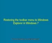 In this video tutorial, http://pcsnippets.com will show you how restore the menu back on to Windows Explorers toolbar in Windows 7.nnTo be able to add the menu back on to the Windows Explorers toolbar in Windows 7, you need to use the Folder Options dialog window that you can get to via the Control Panel.