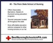 http://www.BestNursingSchoolsinPA.com – Discover the top nursing colleges in PA as we break down top ranking nursing schools from all across the state of Pennsylvania.nnWe based our ranking system on data from US News &amp; World Reports, the National Institutes of Health research dollars and actual nursing student feedback.nnOur top nursing colleges in Pennsylvania include:nn1 - The University of Pennsylvania School of Nursingn2 - The University of Pittsburgh School of Nursingn3 - Penn State