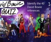 I hope you enjoy this David Bowie Quiz. Much love and effort went into creating it. I adore David Bowie and his passing hit me very hard. Working on Bowie projects like this helps me to cope. If you enjoyed this quiz please Like, Share, Comment and Subscribe. Thank you.nnDAVID BOWIE TRIBUTE QUIZ ANSWERSnn01) Ashes To Ashes / Blue Clown / Pierrot / Designer Natasha Korniloff / Scary Monsters (And Super Creeps) / 1980n02) Hunky Dory / 1971n03) The Prestige / Nikola Tesla / Director Christopher Nol