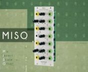 MISO is a multipurpose utility module, a laboratory for synthesizing control voltage signals and audio. MISO combines multiple CV tools into one module for making complex CV shapes at the output stage. The name comes from the the four main functions available: Mix, Invert, Scale, and Offset.nnMISO’s 2 sections (1/2 IN and A/B IN) are identical. Each section has 2 inputs that can be used to Mix signals, Invert polarity/shape, Scale magnitude and Offset voltage. Each function can be used indepen