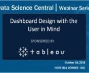 Attend this latest Data Science Central webinar to learn how to apply UX design principles to your dashboard creation process. Alyshia Olsen, User Experience Designer at Tableau, will walk you through a proven process for understanding and predicting potential demands on a given dashboard, and how to proactively build and prioritize for a variety of variables. This webinar will include several practice examples. Join live and see how to build dashboards that are more effective and appropriate fo