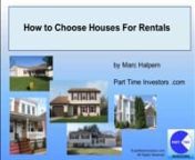This presentation focuses on how to choose houses for rental real estate to enhance your ability to enjoy reliable passive income with high return on investment in purposely chosen neighborhoods. Marc Halpern starts the discussion by sharing thoughts on how tenant income levels affect the choice the subdivisions and neighborhoods that meet investor goals. Once neighborhoods or subdivisions are identified, candidate houses are chosen based on a variety of characteristics including avoiding “dea
