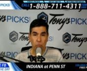 Go to: https://www.tonyspicks.com The Indiana Hoosiers will battle Penn St Nittany Lions in an NCAA college football game Saturday September 30th, 2017. College football pick prediction odds Penn St Nittany Lions -16.5. Watch it on Big Ten Network. College football premium pick predictions for this week are ready and sent fast to preview readers who request them. nnStart Time: 3:30 PM ETnnLocation: Penn StnnDate: Saturday September 30th, 2017nnTV:Big Ten NetworknnNCAA Football Point Spread Odd