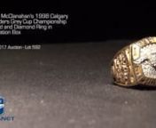 The 86th Grey Cup to decide the Canadian Football League championship was held in 1998 in Winnipeg, with the Calgary Stampeders defeating the Hamilton Tiger-Cats by a score of 26-24. This amazing size 12 ½” Grey Cup ring was presented to Anthony McClanahan, with his surname, position and player number sculpted into one shank of the award, above and below an intricate image of the skyline of Calgary. The opposite shank is a design of the 86th Grey Cup logo. The top holds the raised image of a