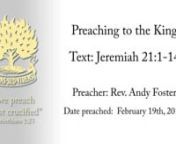 Jeremiah #32: Preaching to the KingtJeremiah 21:1-14nThis message by the prophet is dated by the reference to the siege of Jerusalem by the Babylonians. Cp v2, 4 etc. That siege occurred from the 9th-11th years of Zedekiah, and so it began c. 38 years after Jeremiah began to preach. It takes us on to a late date in his service for God. nnThis was not the next time that Jeremiah preached after the bout of weakness recorded in the last chapter. The chronological order is often departed from in his
