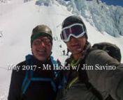 Had the opportunity before the weather warmed up to take Jim Savino for his first Mt Hood summit climb.Conditions from Timberline were perfect with good consolidated snow.Summit route when from Hogsback through Pearly Gates (right) and defending through Pearly Gates (left).The Bergschrund (crevasse) has opened up pretty significantly this year, but were easily able to avoid it going to the right.Weather was really great for the views.Music by Switchfoot