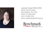 2869 Thompson Rd Murfreesboro TN 37128 - Jeanette AngellnnJeanette AngellnnI have a passion for helping people and love it when people feel right at home with me.To best assist clients with buying or selling their home, I enjoy marketing and being an out-of-the-box thinker. As an entrepreneur, former multi-business owner, wife, and mother of two daughters, I understand the demands of making sure your home is all you need it to be.My #1 goal is to help you achieve your home ownership and in