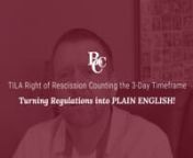 Find your resources here - https://www.bankerscompliance.com/regulations-we-cover/tila-respa-integrated-disclosures/ - How does the right of rescission period work? Hi there, this is Jerod Moyer with Bankers Compliance Consulting. Well, let&#39;s start by making sure we&#39;re all on the same page, and so let&#39;s start with the regulation. The regulation is the Truth In Lending Act. What&#39;s going to trigger the right of rescission is a consumer purpose loan that&#39;s secured by the borrower&#39;s primary residenc