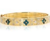 https://www.ross-simons.com/962601.htmlnnAn RS exclusive. Crafted in polished 18kt yellow gold over sterling silver, this bangle bracelet shines with .80 ct. t.w. London blue topaz rounds in floral stations and .10 ct. t.w. diamonds as dazzling stars. Youll love the unique look of this steel-blue gemstone treat! Textured and polished finishes. Figure 8 safety. Box clasp, diamond and London blue topaz floral bangle bracelet.
