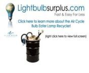Get your Air Cycle Corporation Bulb Eater @ http://www.lightbulbsurplus.com/index.php?main_page=index&amp;cPath=620_621nnPlease call us at 888.553.5655 for our Special Discounted Price nnIndustrial Commercial Premium BE 55 VRS Recycle Lamp CompactornManufacturer: Air Cycle CorporationnPart No. 330-005nType: BE 55 VRSnIncludes: T12 Entry Tube, Filter Combo Kit, Spinner Assembly and Carbon Filter (Drum Not Included)nWarranty: 1 YearnStandards: EPA and OSHA Compliant. Note: Compliance not available