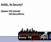 Title: NoSQL, No Security?nnAbstractnnServing as a scalable alternative to traditional relational databases (RDBs), NoSQL databases have exploded in popularity. NoSQL databases offer more efficient ways to work with large datasets, but serious security issues need to be addressed.nNoSQL databases can suffer from a variety of injection attacks. Most NoSQL databases can’t authenticate and authorize clients, and can’t provide role-based access controls or encryption. Because these controls do n