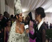 Rihanna talks with Liza Koshy about her beaded John Galliano dress and co-hosting the Met Ball.