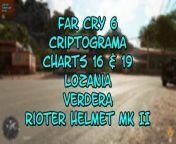 This video from FAR CRY 6 and we will find two CRIPTOGRAMA CHARTS, #16..EL TROMPO &amp; #19..SUNRISE MARIPOSA FLOWER, that will allow us to open the nearby CRIPTOGRAMA CHEST to get the RIOTER HELMET MK II. This all happens in the LOZANIA part of the map, in the VERDERA area. If the video helped you, please &#92;