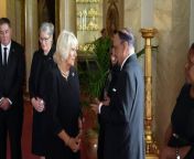 King Charles III and Queen Consort Camilla hold a reception with Realm High Commissioners, including Foreign Secretary James Cleverly, in the Bow Room at Buckingham Palace,&#60;br/&#62; Report by Nelsonr. Like us on Facebook at http://www.facebook.com/itn and follow us on Twitter at http://twitter.com/itn