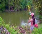 Amazing Fishing. Beautiful Girl Fishing Big Fish with Hooks