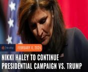 Former South Carolina governor Nikki Haley plans to continue her presidential campaign against Republican frontrunner Donald Trump.&#60;br/&#62;&#60;br/&#62;Full story: https://www.rappler.com/world/us-canada/haley-vows-stay-in-race-following-nevada-defeat/