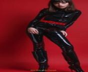 Prompt Midjourney : slim girl with hourglass waistline and high heels. Glossy black catsuit. Red background. Extreme fashion shoot. Cleopatra hair cut --chaos 24 --ar 1:2 --stylize 400 --weird 0 --v 6.0