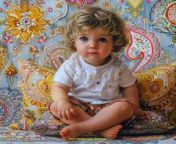 Prompt Midjourney : a floofy chubby toddler sits on a floofy pillow. the toddler has big green eyes and is facing forward while sitting on the floofy Paisley pillow of Easter egg pastel colors yellows blues pinks in a patterned room. --v 6.0 --s 250