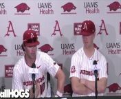 Arkansas Razorbacks&#39; players Peyton Stovall and pitcher Will McEntire after a 6-0 win over Missouri in second straight shutout win on Saturday afternoon at Baum-Walker Stadium in Fayetteville, Ark.