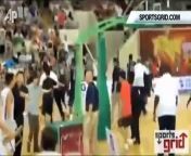 Video obtained by the website SportsGrid.com shows a bench-clearing brawl at an exhibition basketball game in Beijing between Georgetown University and China&#39;s Bayi Rockets. The game was called with about nine and a half minutes remaining.