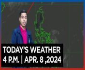 Today&#39;s Weather, 4 P.M. &#124; Apr. 8, 2024&#60;br/&#62;&#60;br/&#62;Video Courtesy of DOST-PAGASA&#60;br/&#62;&#60;br/&#62;Subscribe to The Manila Times Channel - https://tmt.ph/YTSubscribe &#60;br/&#62;&#60;br/&#62;Visit our website at https://www.manilatimes.net &#60;br/&#62;&#60;br/&#62;Follow us: &#60;br/&#62;Facebook - https://tmt.ph/facebook &#60;br/&#62;Instagram - https://tmt.ph/instagram &#60;br/&#62;Twitter - https://tmt.ph/twitter &#60;br/&#62;DailyMotion - https://tmt.ph/dailymotion &#60;br/&#62;&#60;br/&#62;Subscribe to our Digital Edition - https://tmt.ph/digital &#60;br/&#62;&#60;br/&#62;Check out our Podcasts: &#60;br/&#62;Spotify - https://tmt.ph/spotify &#60;br/&#62;Apple Podcasts - https://tmt.ph/applepodcasts &#60;br/&#62;Amazon Music - https://tmt.ph/amazonmusic &#60;br/&#62;Deezer: https://tmt.ph/deezer &#60;br/&#62;Tune In: https://tmt.ph/tunein&#60;br/&#62;&#60;br/&#62;#themanilatimes&#60;br/&#62;#WeatherUpdateToday &#60;br/&#62;#WeatherForecast&#60;br/&#62;