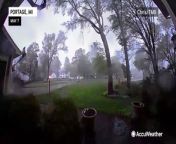 Dramatic video captured in Portage, Michigan, shows every tree in a yard being knocked down by intense winds in only half a minute.