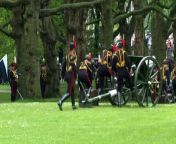 The first anniversary of King Charles&#39; coronation has been marked with a traditional 41 Gun Royal Salute in Green Park. &#60;br/&#62; &#60;br/&#62;The Royal Horse Artillery rode out from their mounting base in full dress uniform before firing blank artillery rounds from six First World War era 13-pounder Field Guns to commemorate the event. Report by Alibhaiz. Like us on Facebook at http://www.facebook.com/itn and follow us on Twitter at http://twitter.com/itn