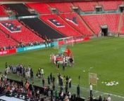 Gateshead celebrate their FA Trophy Final win over Solihull Moors from ibner moor at