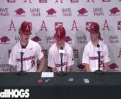 Arkansas Razorbacks pitcher Mason Molina, catcher Hudson White on game-winning hit and reliever Gabe Gaeckle coming out of the bullpen for a quick out in 4-3 win over LSU in 10 innings.